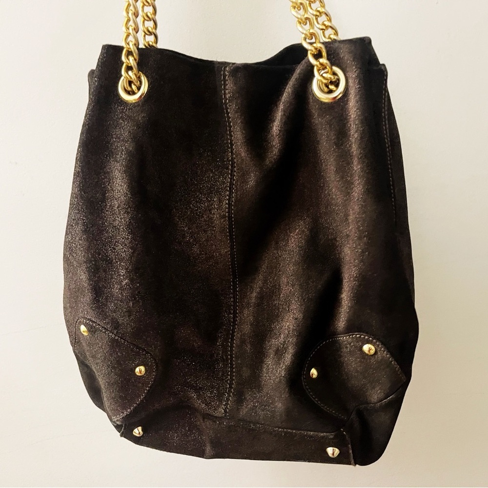 Maurizio Taiuti Brown Suede Shoulder Bag with Gold Chain Chic Classy Minimalist - Picture 13 of 13